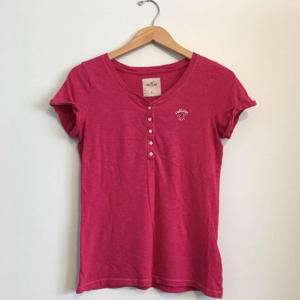 Hollister Hot Pink Short Sleeve Top Buttons Logo M